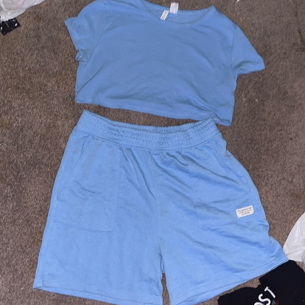 Baby blue baby tee and knee-length short set